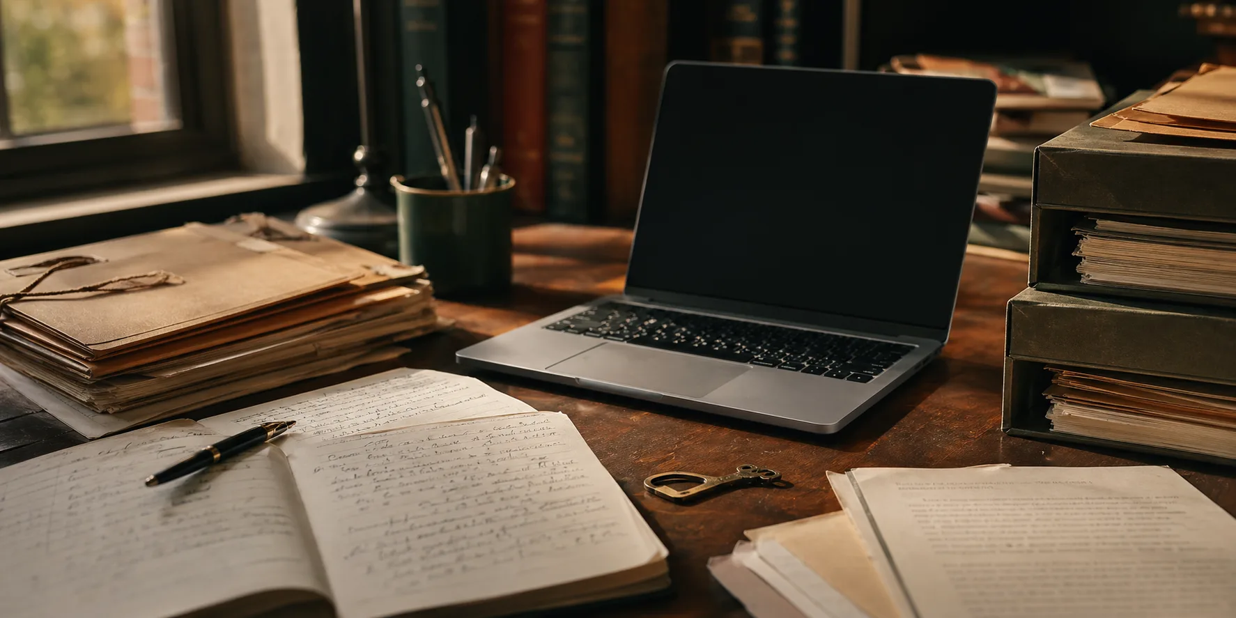 Laptop and archival documents on a desk